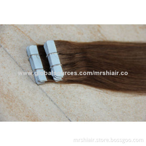 20-Inch dark brown color human virgin silk straight seamless tape weft hair extension